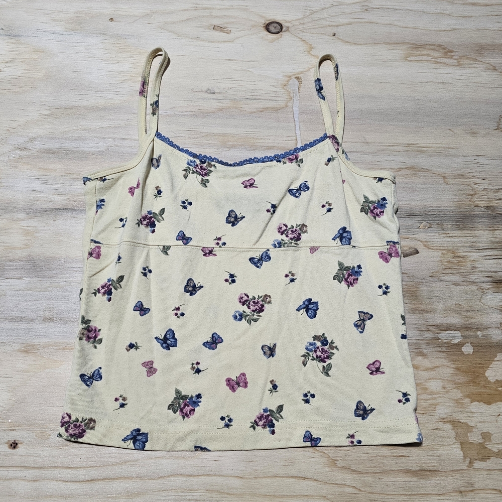 Y2k No Boundaries Tank Top Sz L Pastel Yellow Butterfly Print Summer Top